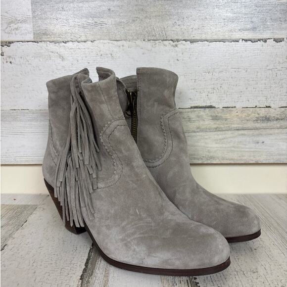 Sam Edelman Women’s 8 Louie Suede Ankle Boots Gray Fringe Block Heel Zip Boho - Picture 2 of 6